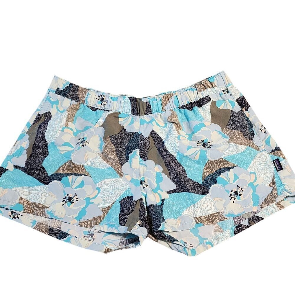Patagonia Sz L women Barely Baggies Shorts Blue Brown floral